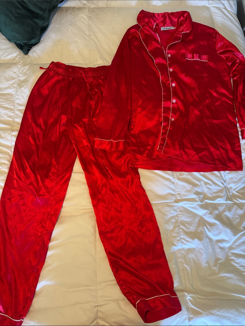 Red Satin Pajama Set - Button-Up Top & Pants